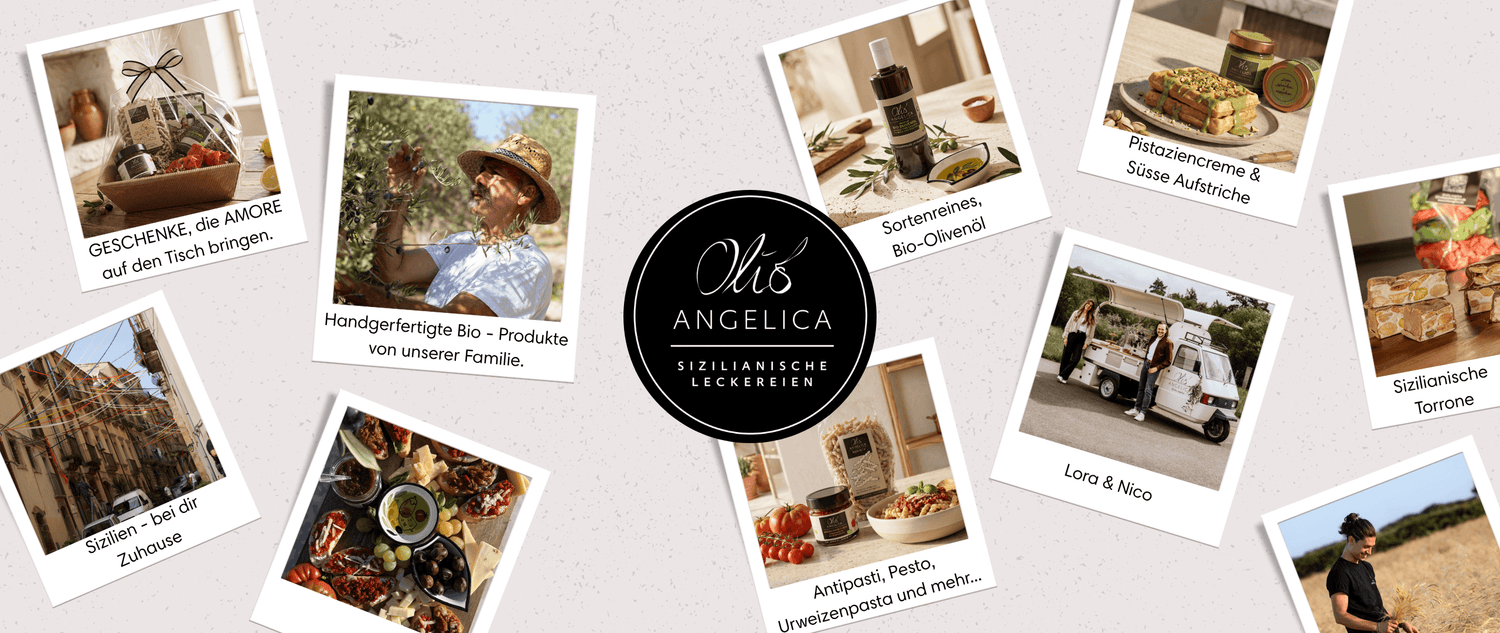 Polaroid-Collage sizilianischer Spezialitäten von Olio Angelica: Bio-Olivenöl, Pesto, Urweizenpasta, Torrone und Pistaziencreme, dazu Familie Angelica bei der Olivenernte und Lora und Nico an ihrer Kaffee-Ape.